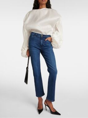 FRAME Le High Straight Jeans in Medium Blue with Gold Hardware